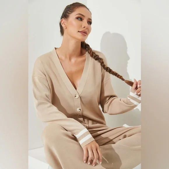 Knit Cardigan And Pant Set in Beige - Picture 4 of 5